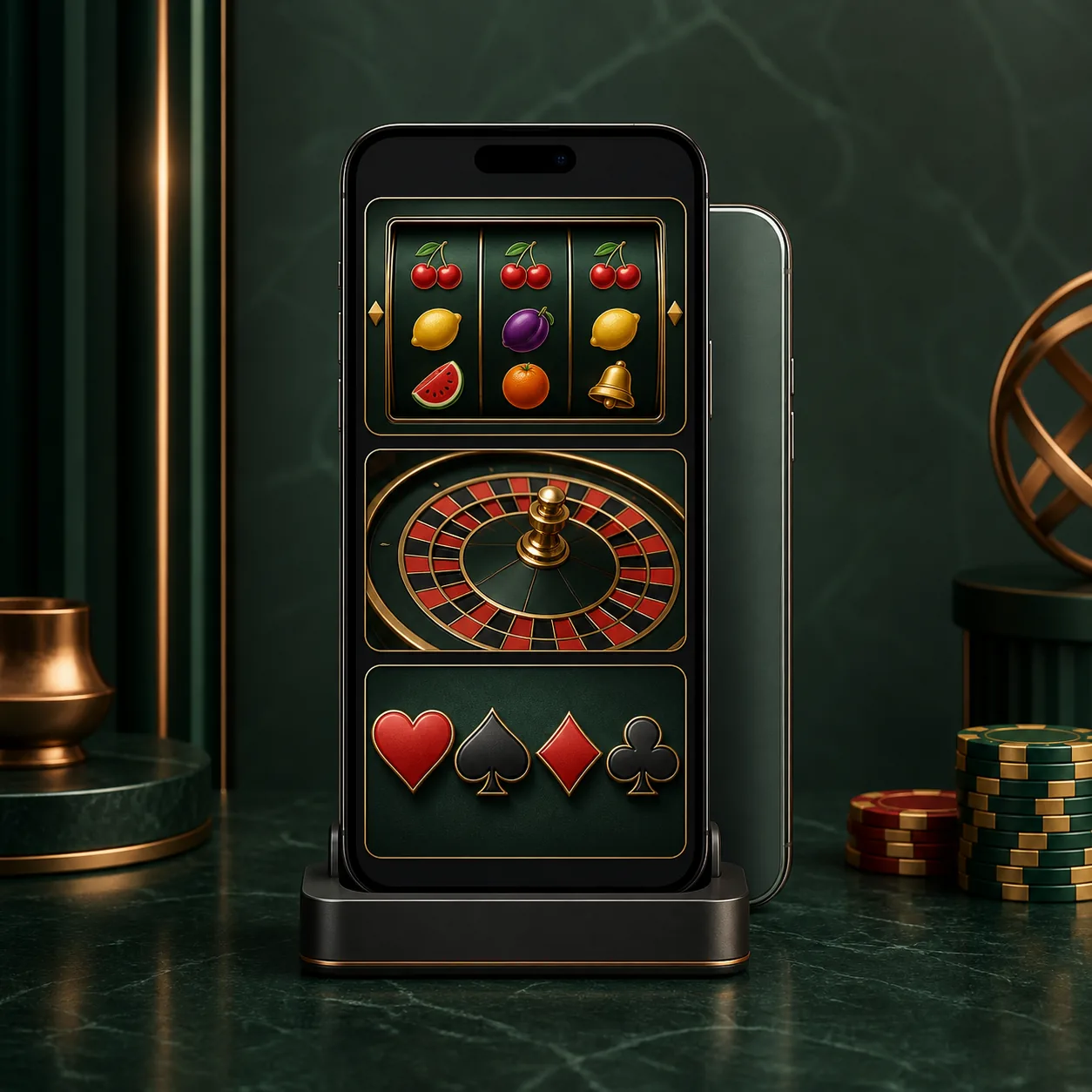 Cassino móvel genérico com slots e roleta na tela de um celular